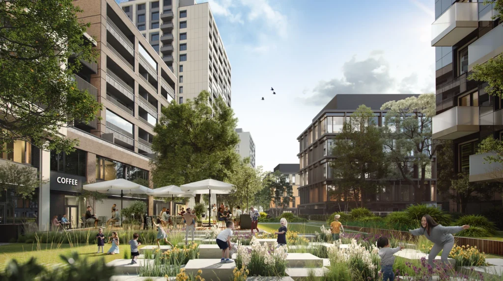 Vizualizácia vnútrobloku projektu Downtown Yard v Bratislave s parterom a zeleňou